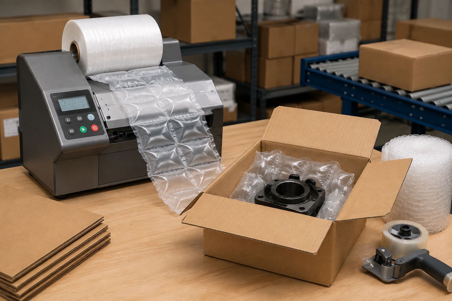 Protective packaging system producing cushioning at a fulfillment pack station